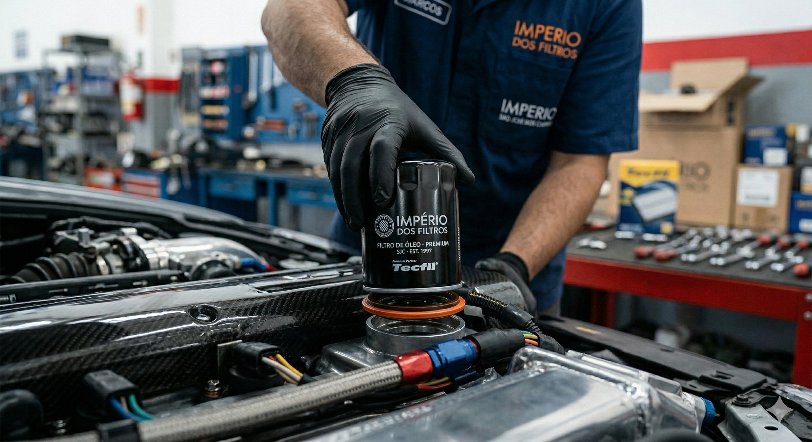 Diferentes tipos de filtros automotivos (ar, óleo, combustível)